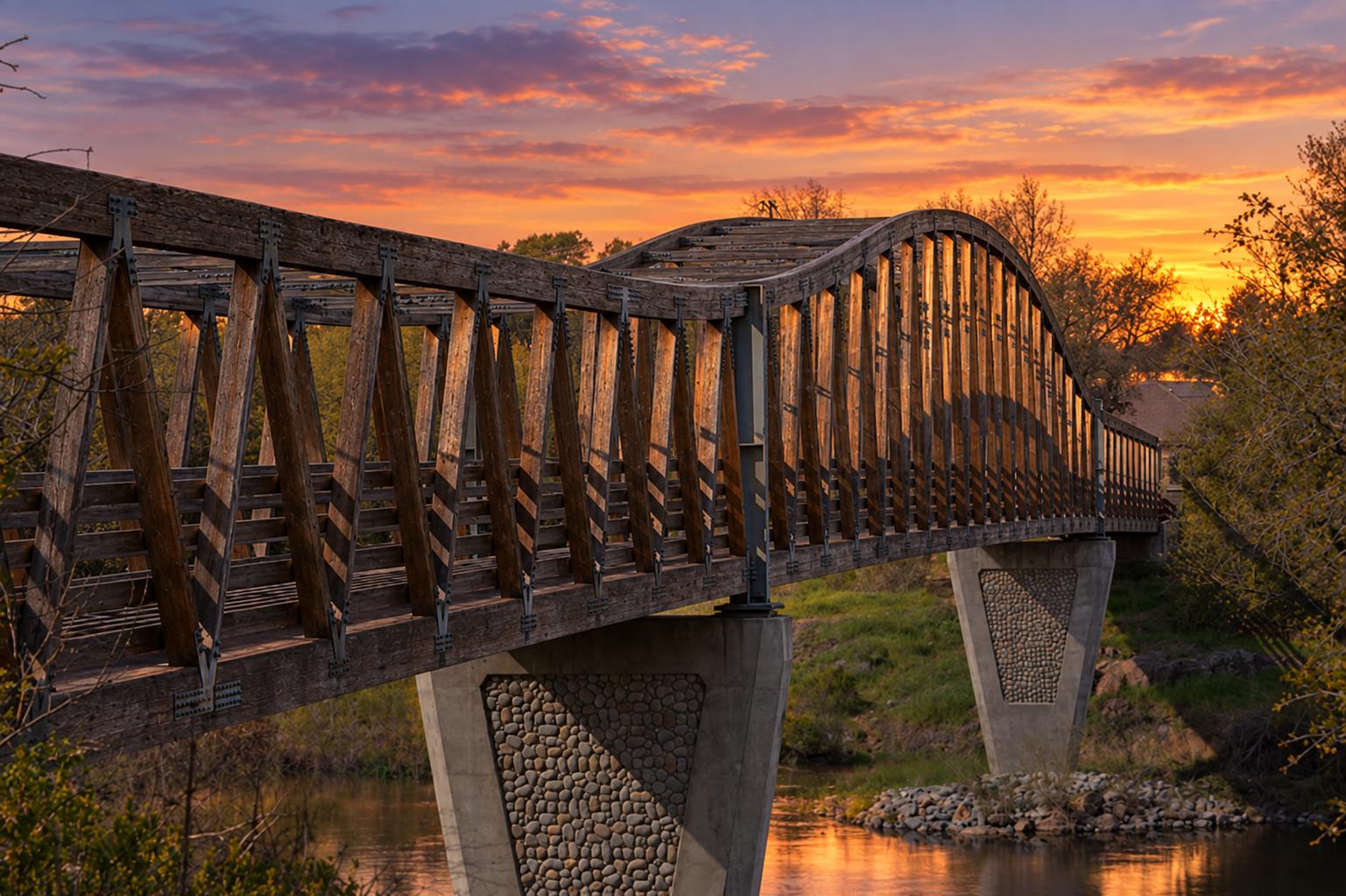 A curved wooden footbridge on stone-faced pillars crossing the Cosumnes River at sunset